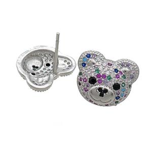Copper Stud Earrings Pave Multicolor Zircon Bear Platinum Plated, approx 12-14mm
