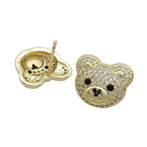 Copper Stud Earrings Pave Zircon Bear Gold Plated, approx 12-14mm