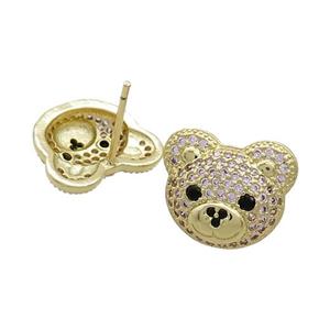 Copper Stud Earrings Pave Pink Zircon Bear Gold Plated, approx 12-14mm