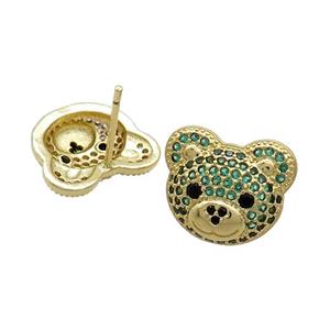 Copper Stud Earrings Pave Green Zircon Bear Gold Plated, approx 12-14mm