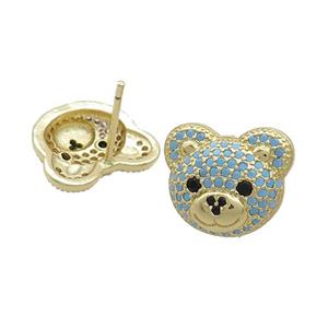 Copper Stud Earrings Pave Turqblue Zircon Bear Gold Plated, approx 12-14mm