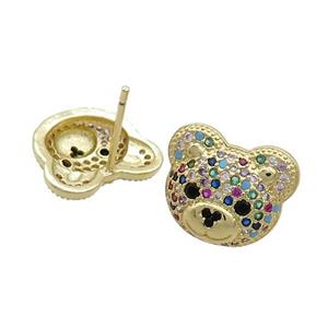 Copper Stud Earrings Pave Multicolor Zircon Bear Gold Plated, approx 12-14mm