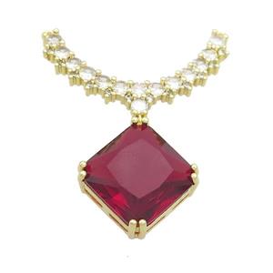 Copper Pendant Pave Red Crystal Glass Square 2loops Gold Plated, approx 15mm, 20-32mm