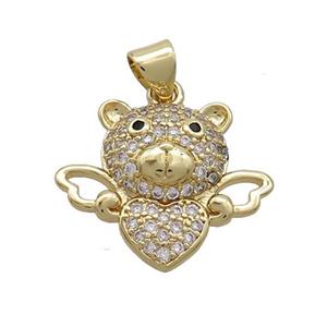 Copper Bear Pendant Pave Zircon Angel Wings Gold Plated, approx 12-17mm