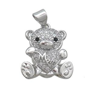 Copper Bear Pendant Pave Zircon Heart Mom Platinum Plated, approx 13-18mm