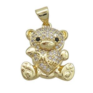 Copper Bear Pendant Pave Zircon Heart Mom Gold Plated, approx 13-18mm