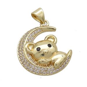 Copper Bear Pendant Pave Zircon Moon Gold Plated, approx 16-20mm