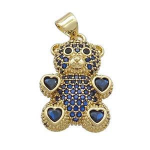 Copper Bear Pendant Pave Blue Zircon Gold Plated, approx 15-23mm