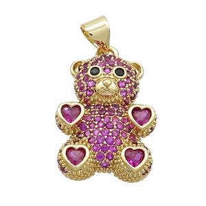 Copper Bear Pendant Pave Fuchsia Zircon Gold Plated, approx 15-23mm