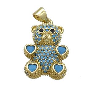 Copper Bear Pendant Pave Turqblue Zircon Gold Plated, approx 15-23mm