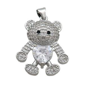 Copper Bear Pendant Pave Zircon Platinum Plated, approx 16-22mm