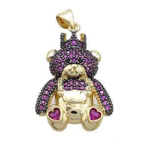 Copper Bear Pendant Pave Fuchsia Zircon Gold Plated, approx 21-25mm