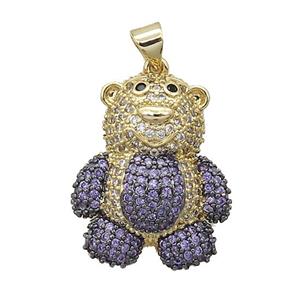 Copper Bear Pendant Pave Purple Zircon Gold Plated, approx 18-26mm