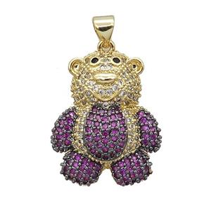 Copper Bear Pendant Pave Fuchsia Zircon Gold Plated, approx 18-26mm