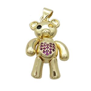 Copper Bear Pendant Pave Fuchsia Zircon Gold Plated, approx 18-25mm