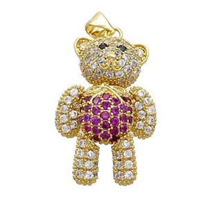 Copper Bear Pendant Pave Zircon Fuchsia Gold Plated, approx 18-28mm