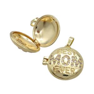 Copper Locket Pendant Pave Zircon Coin Circle MOM Gold Plated, approx 18mm