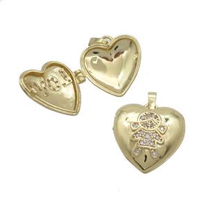 Copper Locket Pendant Pave Zircon Heart Girls Gold Plated, approx 18mm