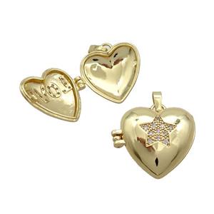 Copper Locket Pendant Pave Zircon Heart Star Gold Plated, approx 18mm