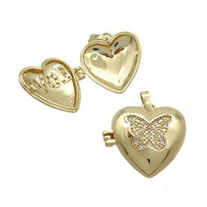 Copper Locket Pendant Pave Zircon Heart Butterfly Gold Plated, approx 18mm