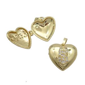 Copper Locket Pendant Pave Zircon Heart Gold Plated, approx 18mm