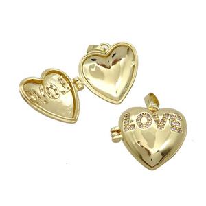 Copper Locket Pendant Pave Zircon Heart LOVE Gold Plated, approx 18mm