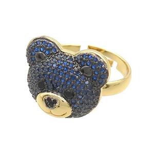 Copper Bear Rings Pave Blue Zircon Adjustable Gold Plated, approx 15-17.5mm, 18mm dia