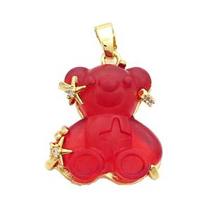 Red Resin Bear Pendant Copper Gold Plated, approx 16-22mm