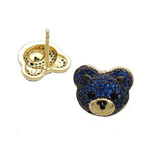 Copper Bear Stud Earrings Pave Blue Zircon Gold Plated, approx 12-14mm