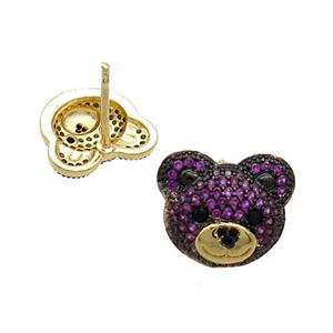 Copper Bear Stud Earrings Pave Fuchsia Zircon Gold Plated, approx 12-14mm