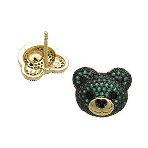 Copper Bear Stud Earrings Pave Green Zircon Gold Plated, approx 12-14mm