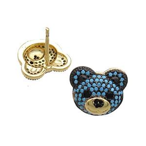 Copper Bear Stud Earrings Pave Turqblue Zircon Gold Plated, approx 12-14mm
