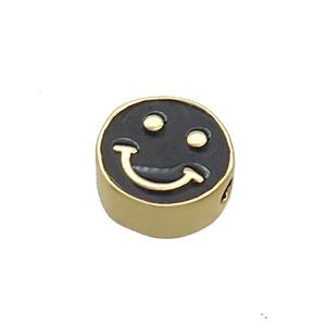 Copper Emoji Beads Black Enamel Happy Face Gold Plated, approx 10mm