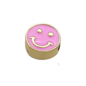 Copper Emoji Beads Pink Enamel Happy Face Gold Plated, approx 10mm