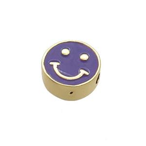 Copper Emoji Beads Purple Enamel Happy Face Gold Plated, approx 10mm