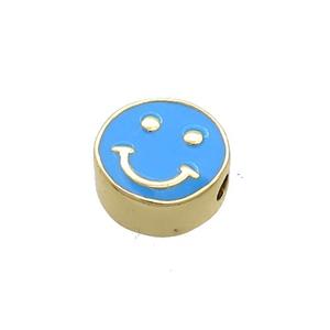 Copper Emoji Beads Blue Enamel Happy Face Gold Plated, approx 10mm