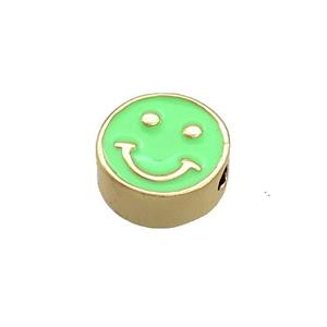 Copper Emoji Beads Green Enamel Happy Face Gold Plated, approx 10mm