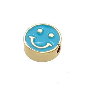 Copper Emoji Beads Teal Enamel Happy Face Gold Plated, approx 10mm