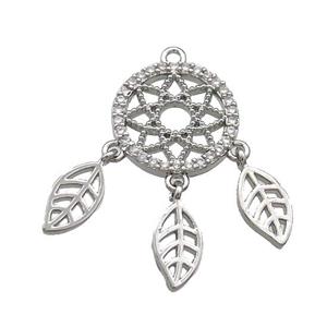 Copper Pendant Pave Zircon With Leaf Dream Catcher Platinum Plated, approx 5-10mm, 17mm