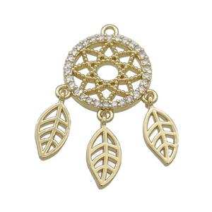 Copper Pendant Pave Zircon With Leaf Dream Catcher Gold Plated, approx 5-10mm, 17mm