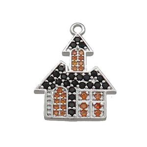 Copper Pendant Pave Black Orange Zircon Haunted House Halloween Charms Platinum Plated, approx 15-18mm