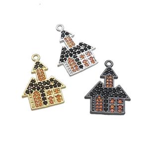 Copper Pendant Pave Black Orange Zircon Haunted House Halloween Charms Mixed, approx 15-18mm