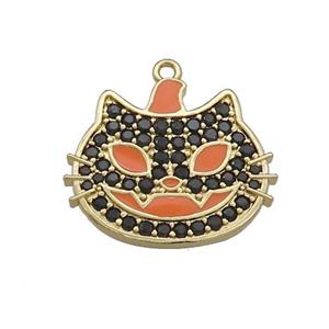 Copper Halloween Cat Charms Pendant Pave Black Zircon Orange Enamel Gold Plated, approx 17-20mm
