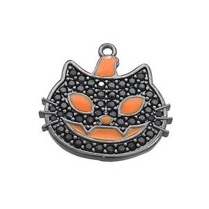 Copper Halloween Cat Charms Pendant Pave Zircon Orange Enamel Black Plated, approx 17-20mm