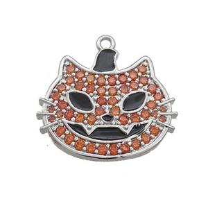 Copper Halloween Cat Charms Pendant Pave Zircon Black Enamel Platinum Plated, approx 17-20mm