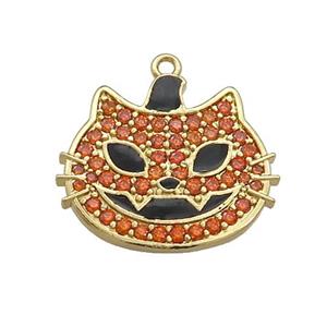 Copper Halloween Cat Charms Pendant Pave Zircon Black Enamel Gold Plated, approx 17-20mm