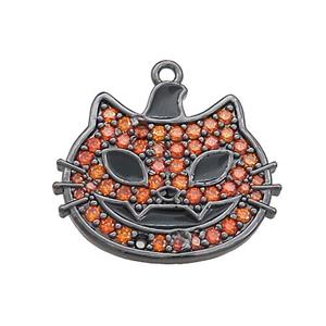 Copper Halloween Cat Charms Pendant Pave Orange Zircon Enamel Black Plated, approx 17-20mm