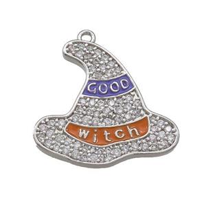 Copper Witch Hat Pendant Pave Zircon Enamel Halloween Charms Platinum Plated, approx 21mm