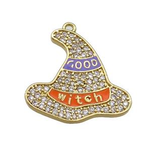 Copper Witch Hat Pendant Pave Zircon Enamel Halloween Charms Gold Plated, approx 21mm