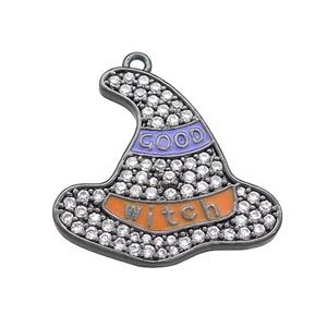 Copper Witch Hat Pendant Pave Zircon Enamel Halloween Charms Black Plated, approx 21mm